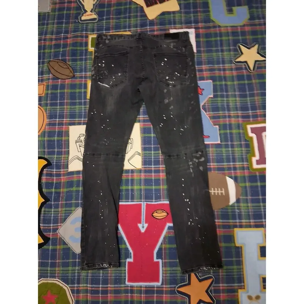 Smoke Rise Black Jeans Mens Size 36x34 Distressed Paint Splatter Biker Skinny